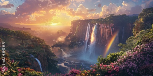 Rainbow and waterfall scene in a peaceful landscape