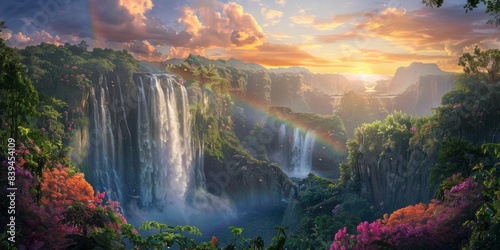 Rainbow and waterfall scene in a tranquil landscape