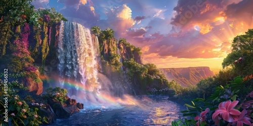 Rainbow and waterfall scene in a serene time