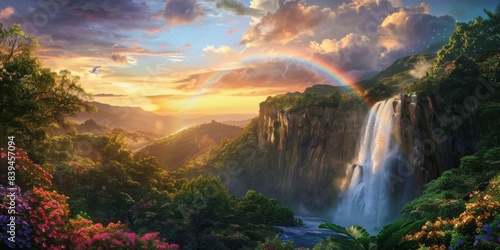 Rainbow and waterfall scene in a peaceful spirit