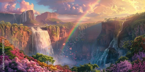 Rainbow and waterfall scene in a serene spirit