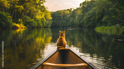 A photograph of a canoe on the edge of a calm river, a yellow kitten at the prow looking towards the horizon. The river's surface is glassy