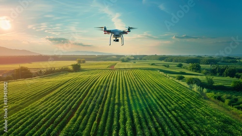 A drone flies over a lush, green agricultural field at sunset, capturing aerial imagery and monitoring crop health for precision farming.