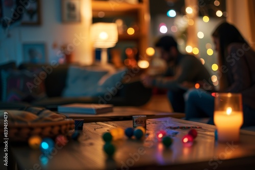 a couple sitting in a living room with a candle and a table, blurred 