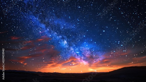 A breathtaking night sky filled with stars and the Milky Way galaxy, set against a colorful sunset over a dark landscape.
