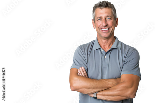 Smiling Middle-Aged Caucasian Man in a Gray Polo Shirt