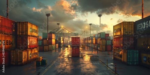 Sunset over an industrial shipping yard with stacked cargo containers and dramatic clouds in the sky.