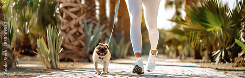 woman doing sports in nature with her pug dog. outdoor fitness. jogging and warming up for health and beauty. woman and dog doing athletics. bottom view