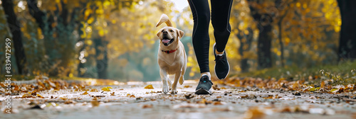 athletic woman runs through the autumn park with her golden retriever dog. outdoor fitness. running and warming up. woman and dog are engaged in athletics. bottom view