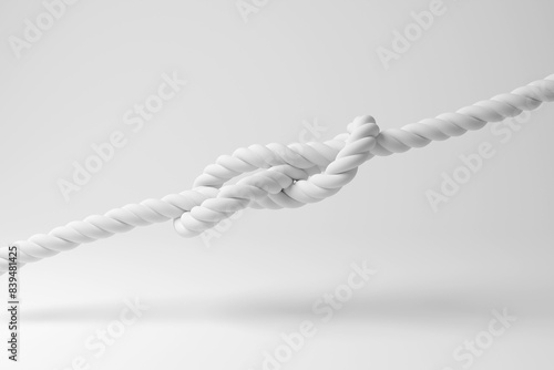 White knot of a rope floating in mid air on white background in monochrome and minimalism. Illustration of the concept of problems, difficulties, trouble and obstacles