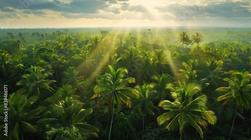 Aerial view of a dense Amazon rainforest illuminated by streaks of sunlight