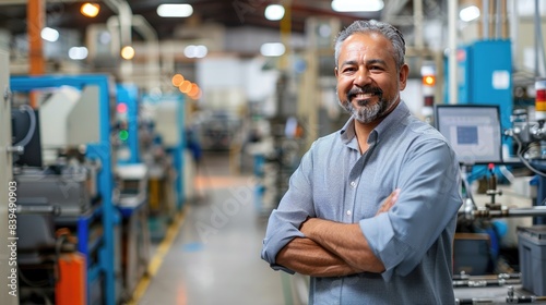 Factory owner in a high-tech manufacturing plant, overseeing operations with machinery in the background, dressed in business casual, showcasing leadership