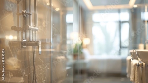 Out-of-focus shot of a modern bathroom featuring a glass shower and elegant fixtures