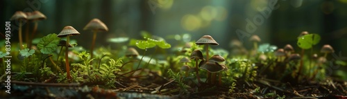 Enchanted Forest, Tiny Mushrooms in a Sunlit Clearing