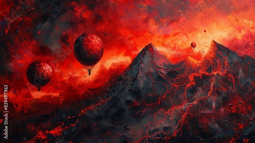 Abstract painting of a volcano erupting with hot air balloons against a fiery sky