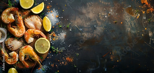 Top view of delicious seafood platter with shrimp, lemon slices, and spices on a dark rustic background with ample copy space.