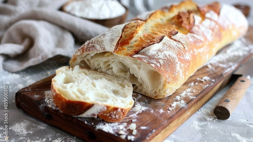 Traditional ciabatta bread with a flour-dusted crust and open, airy crumb, displayed on a wooden board with a bread knife