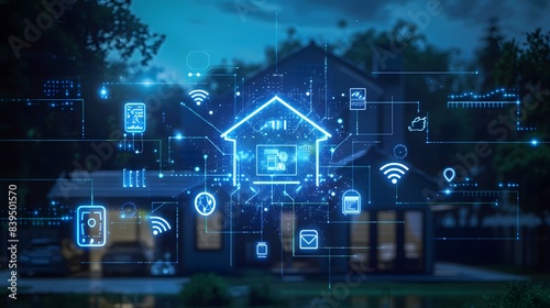 Futuristic smart home interiors showcase the Internet of Things (IoT) connectivity concept with networked devices and appliances.