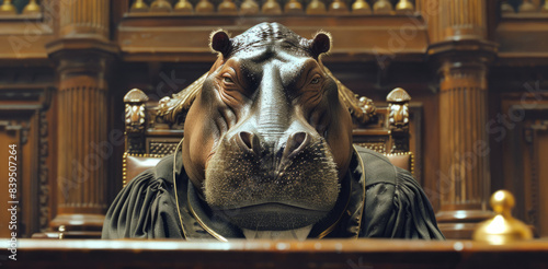Hippopotamus judge in courtroom setting. Serious hippopotamus judge presiding over a courtroom, representing justice, law, and order in a humorous and surreal way.