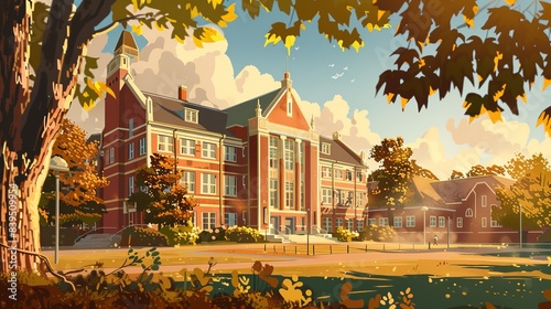 Autumn school building in a golden light for education or nostalgic designs