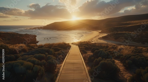 Scenic boardwalk at sunset to white sandy beach and ocean, bordered by lush shrubbery