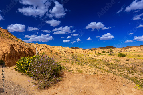 Widok na skaliste góry Dahar, tapeta. Niebieski kolor nieba i palące słońce, skała, kamień, górski krajobraz, egzotyczny kraj, Tunezja