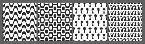 Copacabana and Ipanema famous Brazil pavement, palm trees and ocean waves seamless pattern set. Summer and beach ornaments.