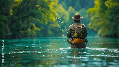 Serene Fly Fisherman Casting in Vibrant River with Lush Forest Background