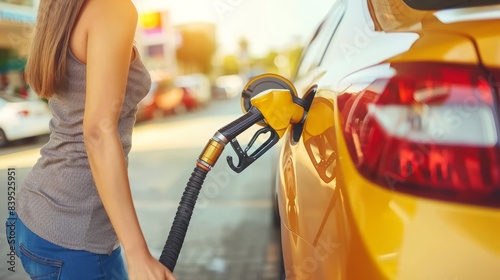 Refilling automotive fuel tank with gasoline at gas station for vehicle refueling needs