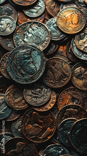 Close Up Of Ancient Silver And Copper Coins