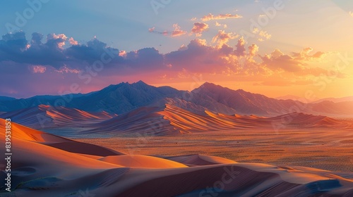 A breathtaking sunset paints the sky with vibrant hues as majestic mountains rise above a vast desert landscape.