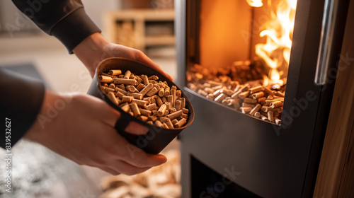 Hand with wood pellets by the fireplace