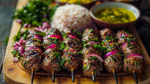 Chelo Kabab is a classic Iranian dish consisting of grilled meat, usually lamb or chicken, served with steamed saffron-infused rice, butter, sumac powder, basil, onions and grilled tomatoes.