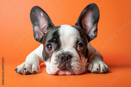 Adorable French Bulldog with big ears on an orange background