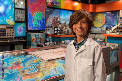 Kid as a meteorologist with weather maps and instruments in a colorful weather studio