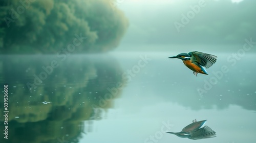 A kingfisher bird hovering above a glassy lake, ready to dive into the water, creating an illusion of a suspended moment in time.
