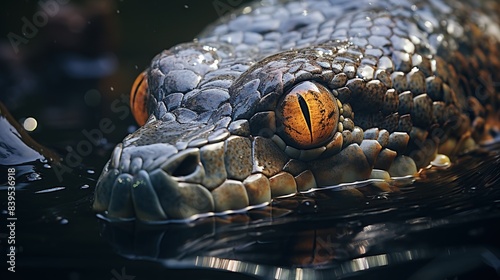 A dramatic portrait of an anaconda emerging from the water 