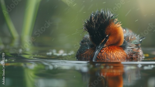 A little grebe with its head tucked in, diving into a pond, the water closing over it like a curtain.