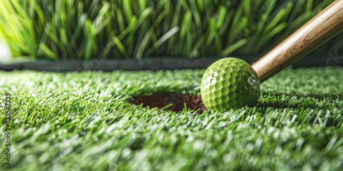 Closeup Golf ball with a bat near the hole, green grass, outdoor cort