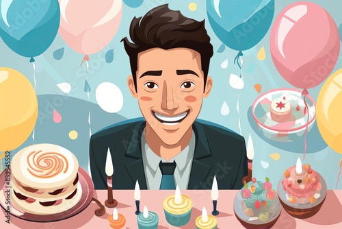 Happy man flat design top view birthday party cartoon drawing colored pastel