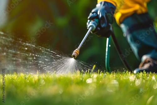 Close up of pest control worker spraying pesticide on green lawn outdoors for effective pest control