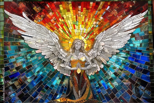 Colorful and beautiful stained glass window of an angel in a gorgeous majestic frame