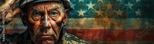 A military veteran saluting, American flag background, serious expression, high detail