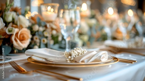 A white wedding table with golden plates and cutlery