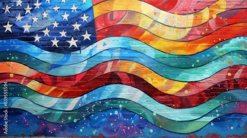 A patriotic mural with American flag elements, urban setting, vibrant colors