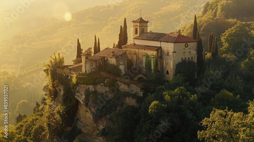 A peaceful monastery perched on a hill overlooking the countryside.