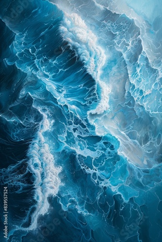 An expansive ultra sharp aerial view capturing the mesmerizing rhythm of ocean waves, painting