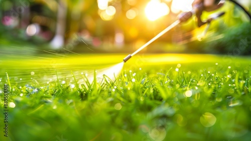 Pest control worker spraying pesticide on green lawn outdoors for effective pest management