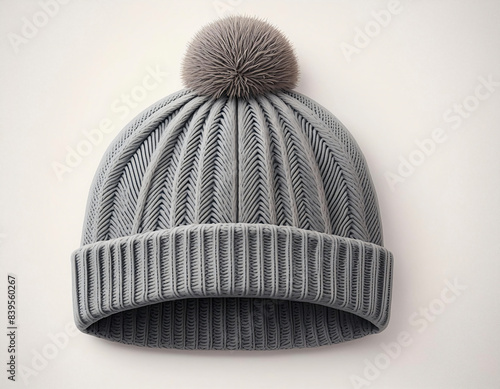 A flat lay illustration of a gray knitted bobble hat isolated on a white background.