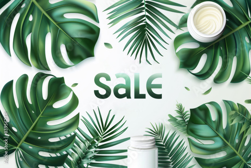 the inscription "sale" on white background with tropical leaves and cosmetic product, summer discounts, seasonal sale